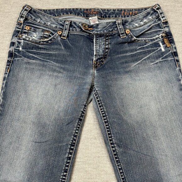 Silver Jeans Womens Blue Distressed Denim Tina Bootcut Double Button Waist Sz 32 - Picture 3 of 16